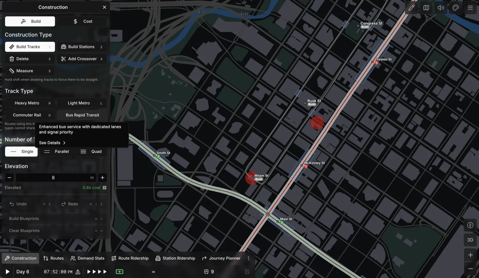 Bus Rapid Transit construction menu in Subway Builder