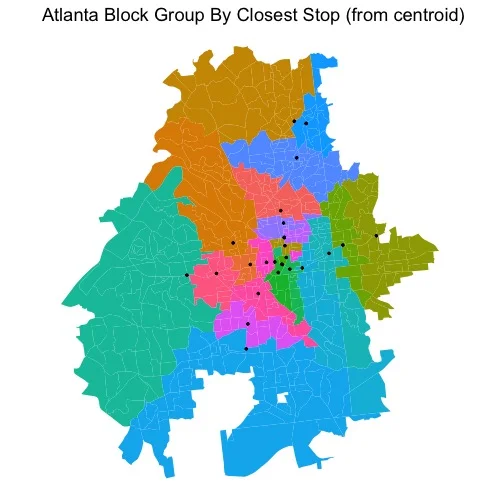 Atlanta block groups colored by closest rail transit stop
