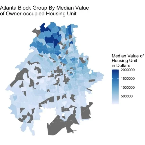 Atlanta block groups colored by median home value